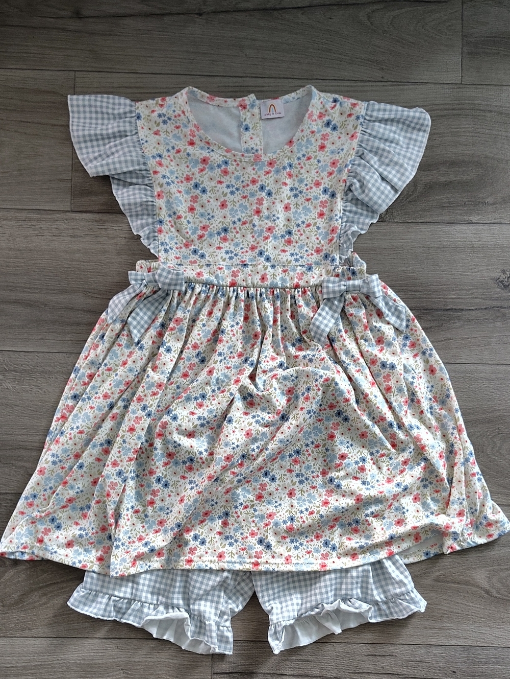 Blue Floral Gingham Ruffle Dress with Matching Shorts - Kids